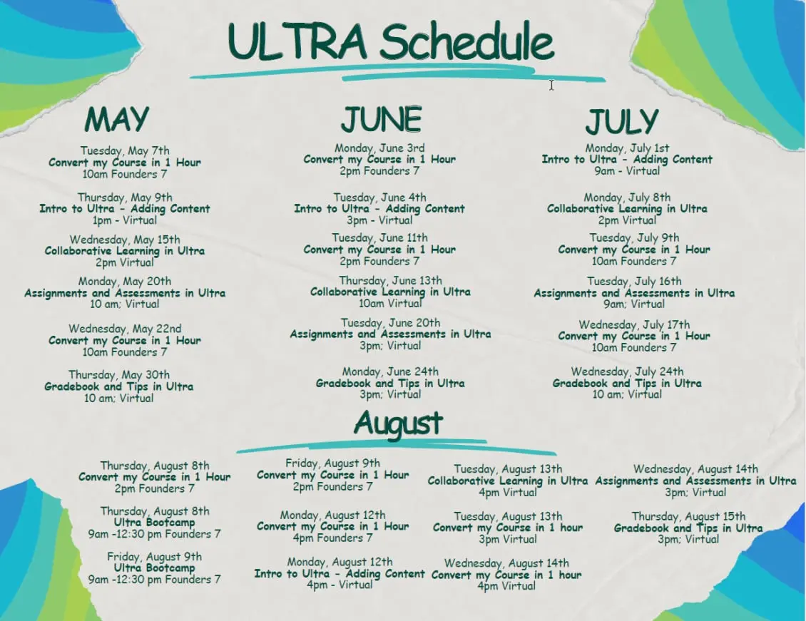 Ultra Summer Schedule